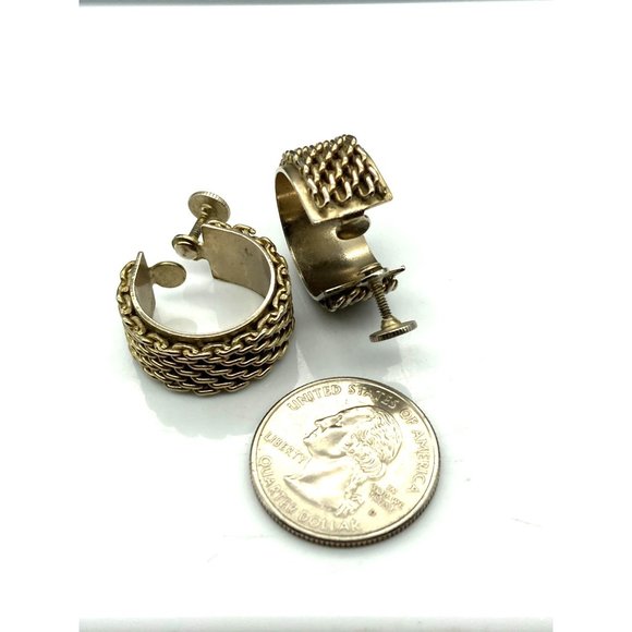 Chain Maille Covered Hoop Earrings, Vintage Mesh on Wide Band Gold Tone Screw - Picture 5 of 5